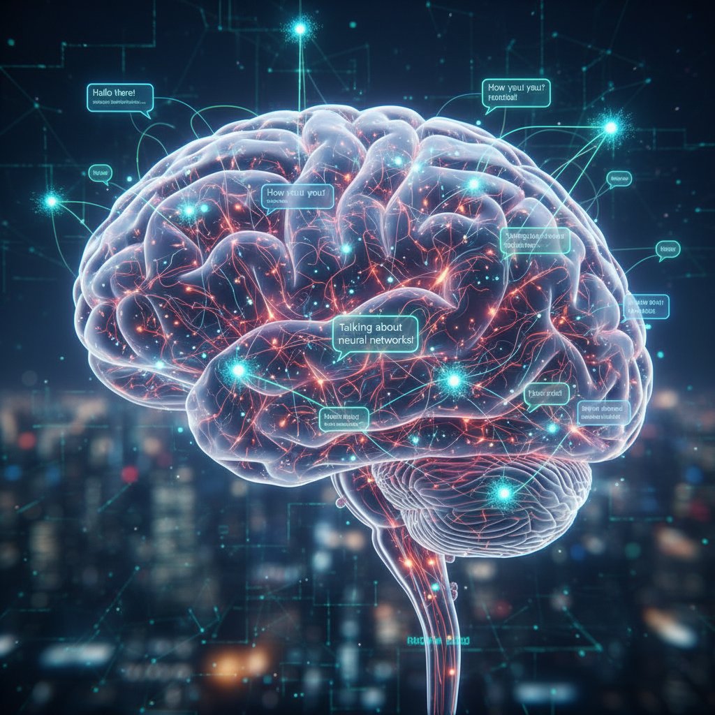 Mózg podczas aktywnej rozmowy na czacie, synapsy podświetlone, rozmowy online na dobry nastrój