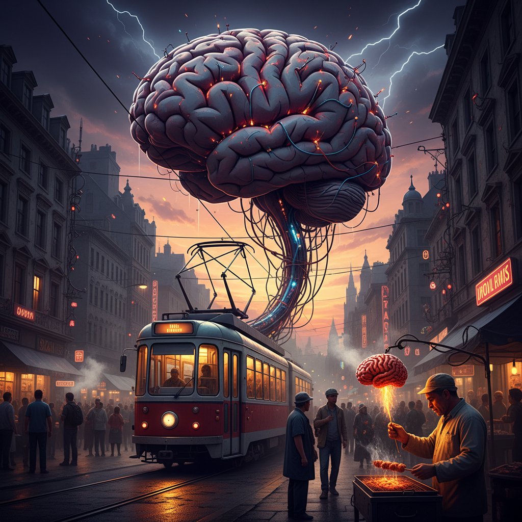 Symboliczne zdjęcie mózgu splecionego z kablami, fragmenty polskiego miasta, dynamiczne światło