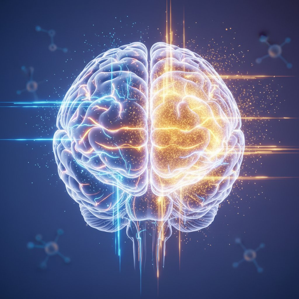 Mózg człowieka na tle dynamicznych impulsów świetlnych – symbol działania fosfatydyloseryny w mózgu