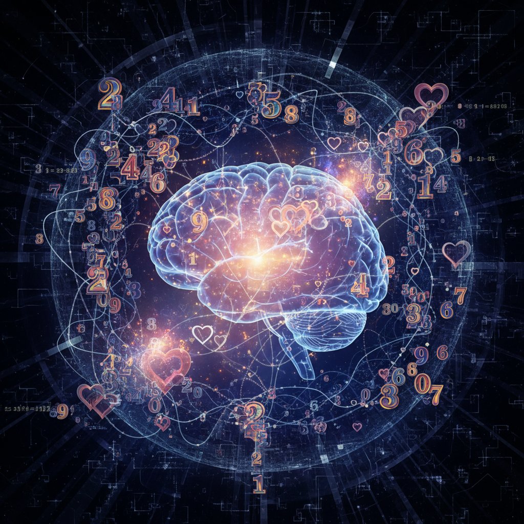 Conceptual image of human brain with floating numbers and hearts, abstract digital, introspective mood, relationship compatibility numerology