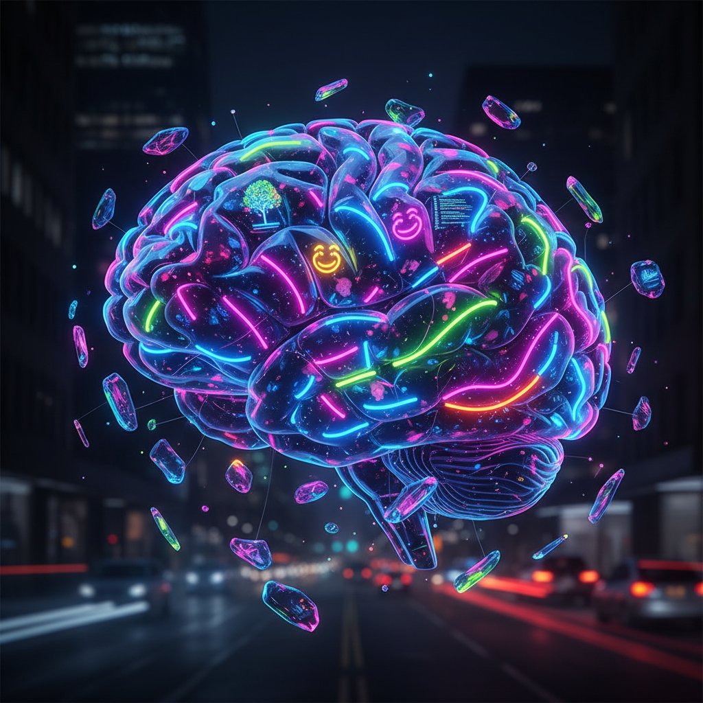 Mózg ludzki podczas procesu zapominania – neonowe światło, fragmenty wspomnień ulatujące jak zdjęcia