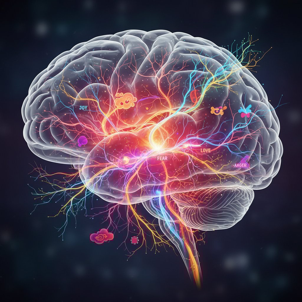 Zdjęcie neuronów w ludzkim mózgu z podkreśleniem obszaru układu limbicznego – symbolizujące neurobiologię emocji