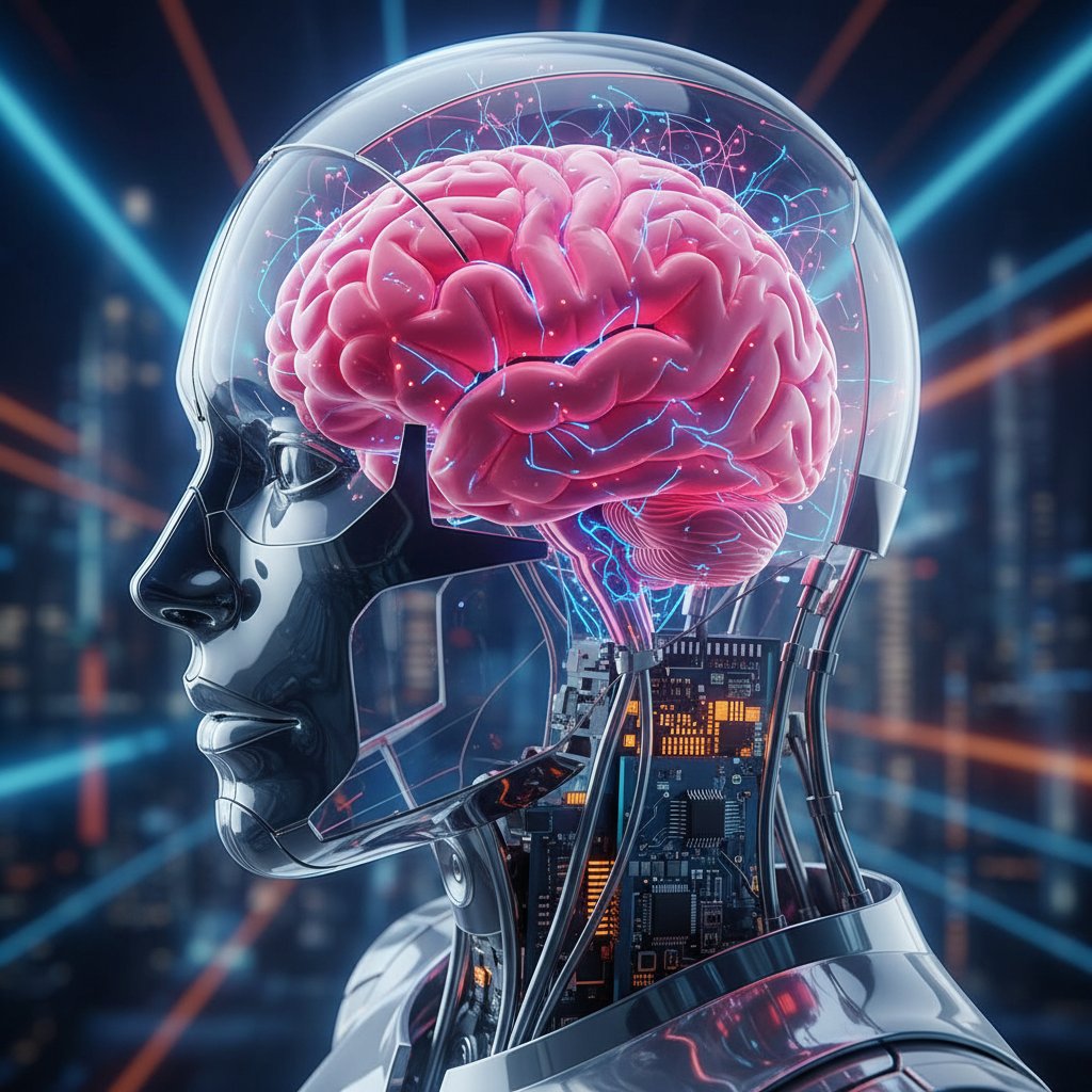 Zbliżenie na ludzką głowę obok robota, oba patrzą w tym samym kierunku, kontrast biologii i technologii