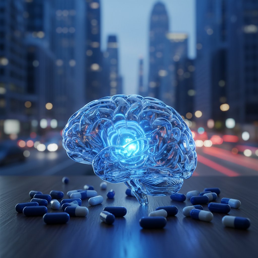 Zbliżenie na realistyczny model mózgu otoczonego kapsułkami, z niebieskim światłem – fotorealistyczna scena fosfatydyloseryny w kontekście suplementacji