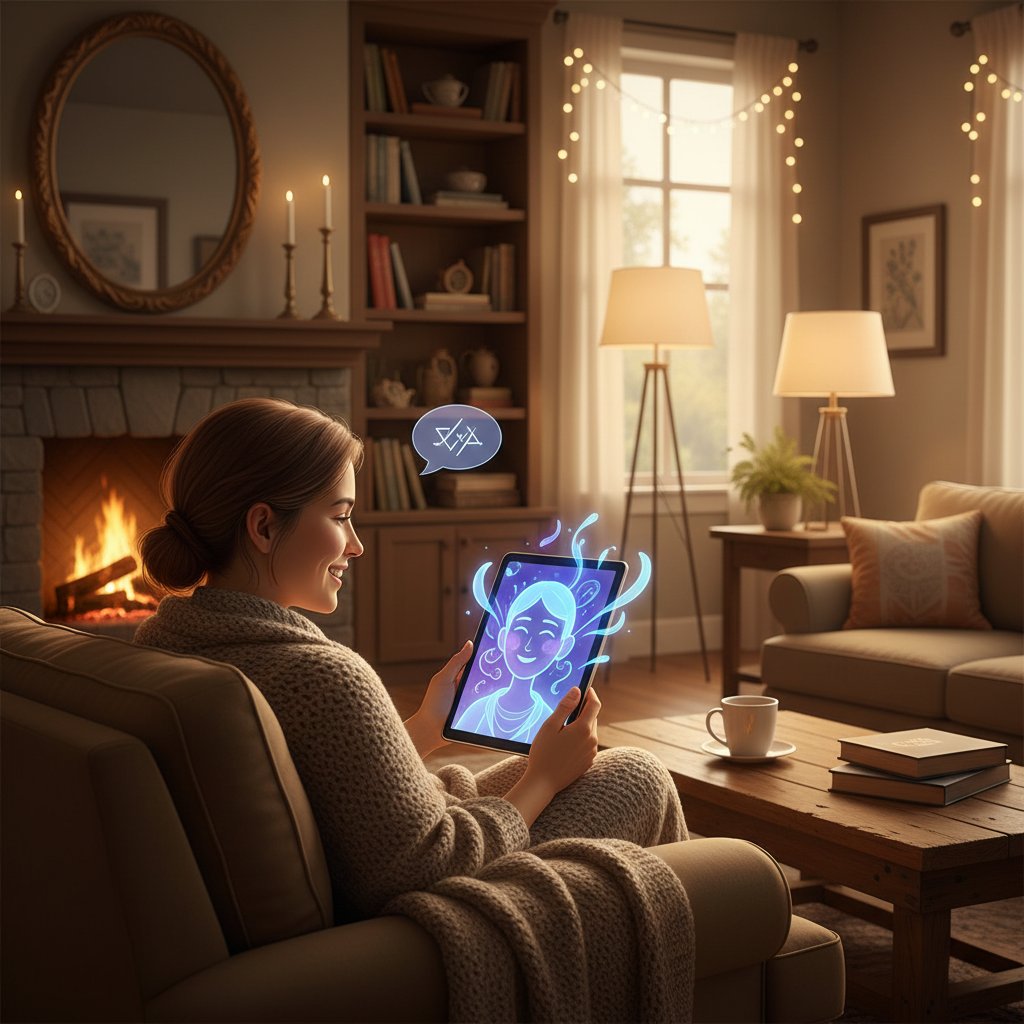 Rozmowa człowieka z cyfrowym towarzyszem w ciepłym wnętrzu