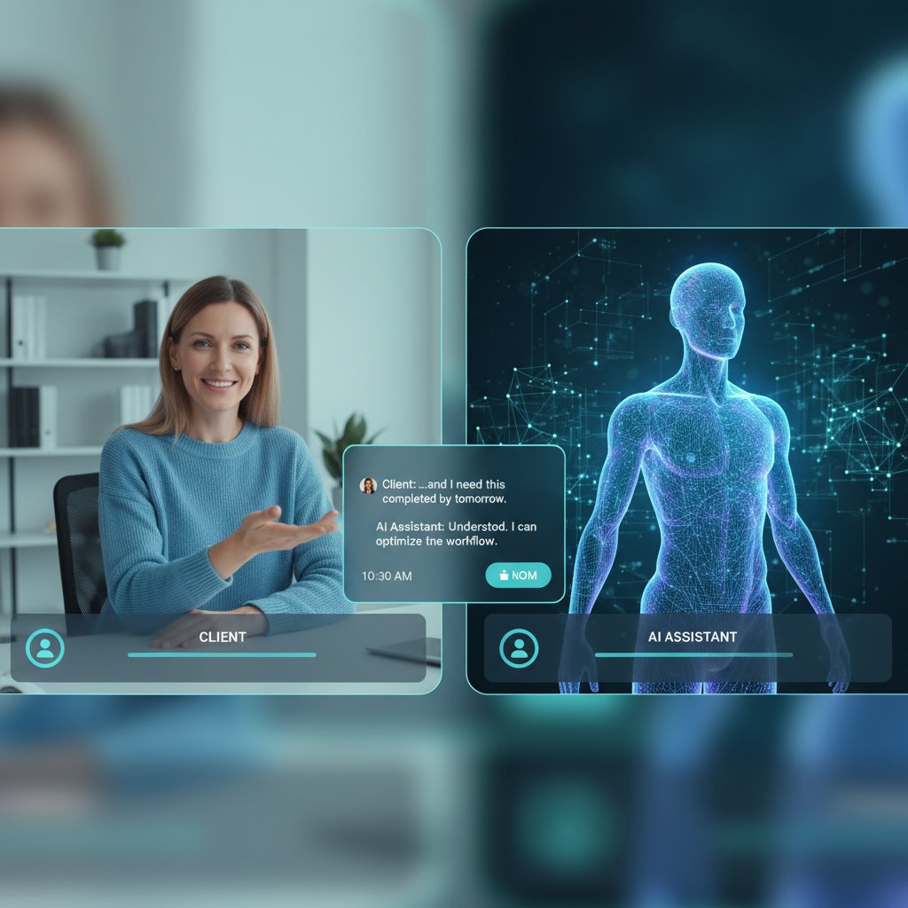 Pracownik rozmawia z klientem przez laptopa, na drugim planie wirtualny asystent AI