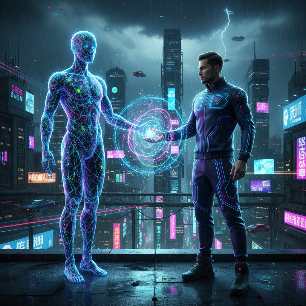 Nowoczesny coach i awatar AI w dynamicznej dyskusji przy biurku, tło nocne miasto, motyw cyfrowych sieci neuronowych