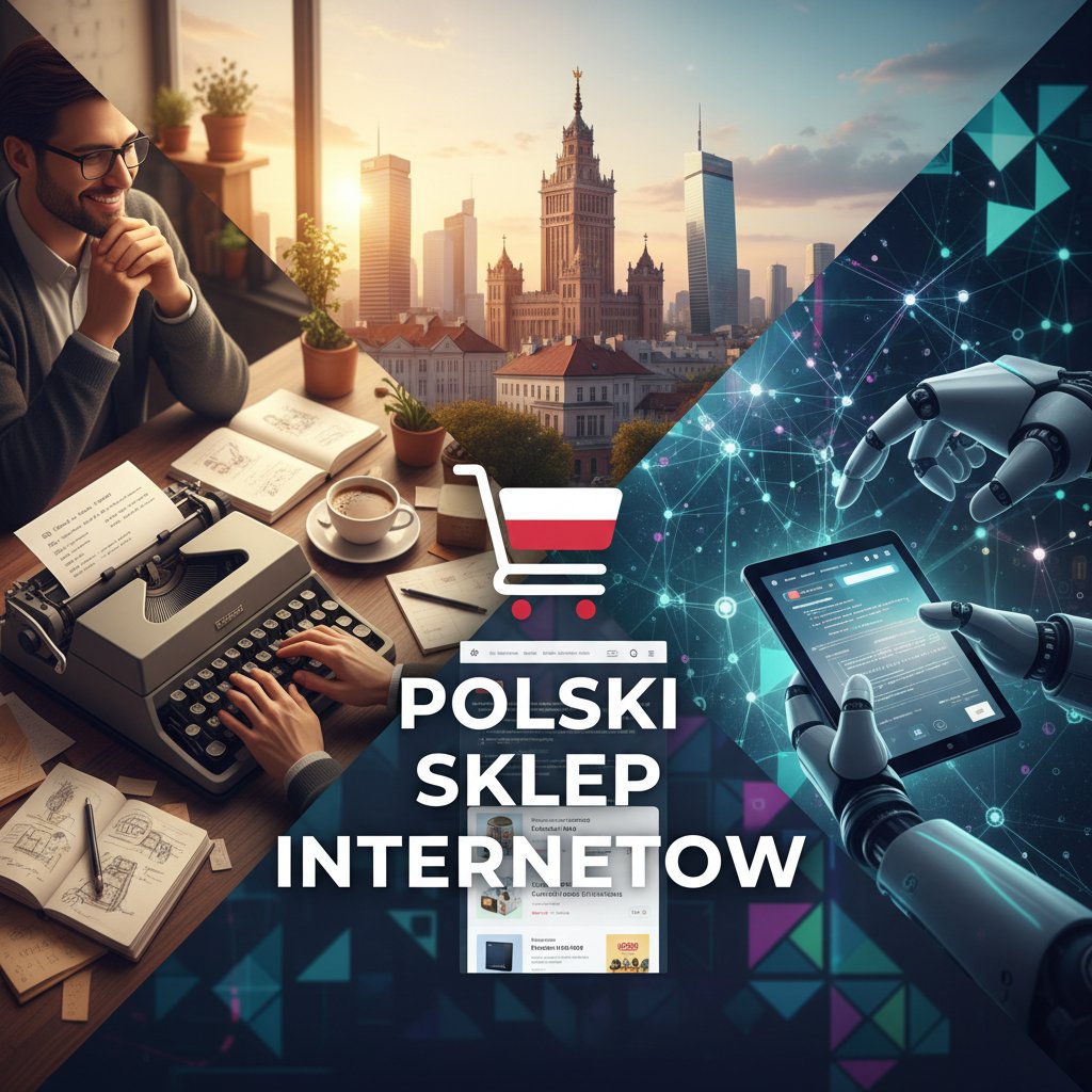 Porównanie treści napisanej przez człowieka i AI w sklepie internetowym, split screen, produkty