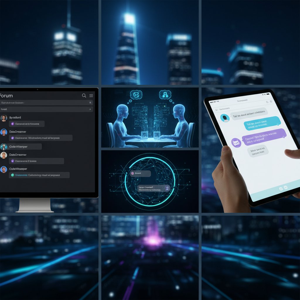 Trzy panele porównujące rozmowę z człowiekiem, AI i forum internetowym