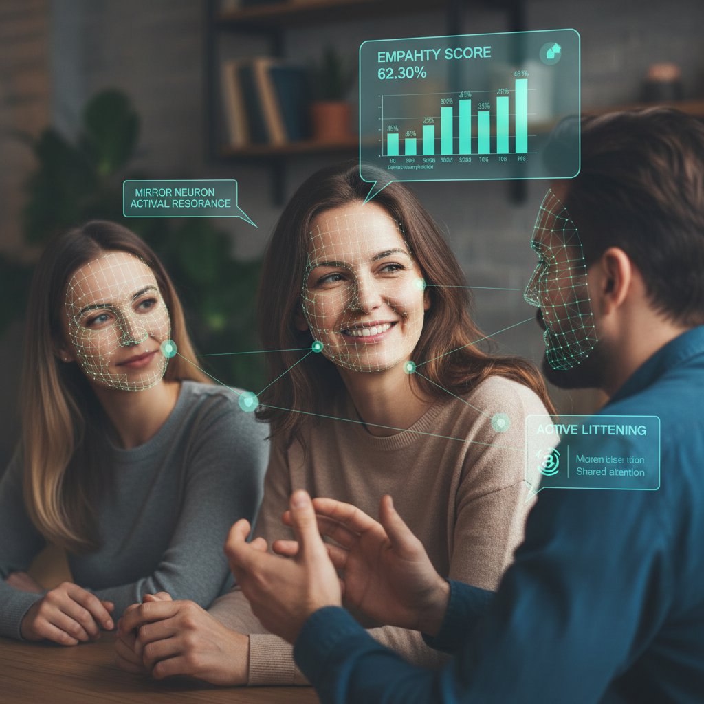 Dwóch ludzi rozmawia, AI analizuje ich twarze na ekranie monitora, porównanie z ludzką empatią