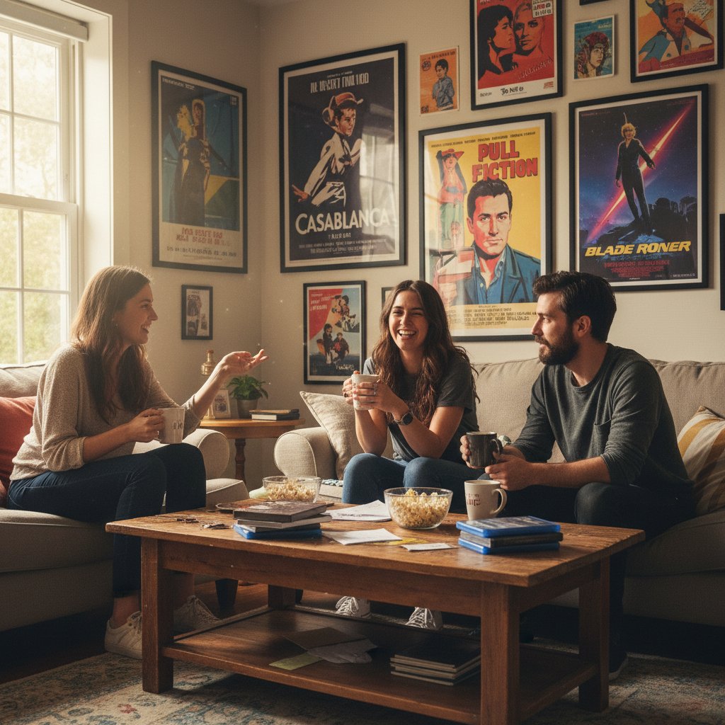 A group of friends gathered around a coffee table, animatedly discussing films, with handwritten lists and movie posters strewn about