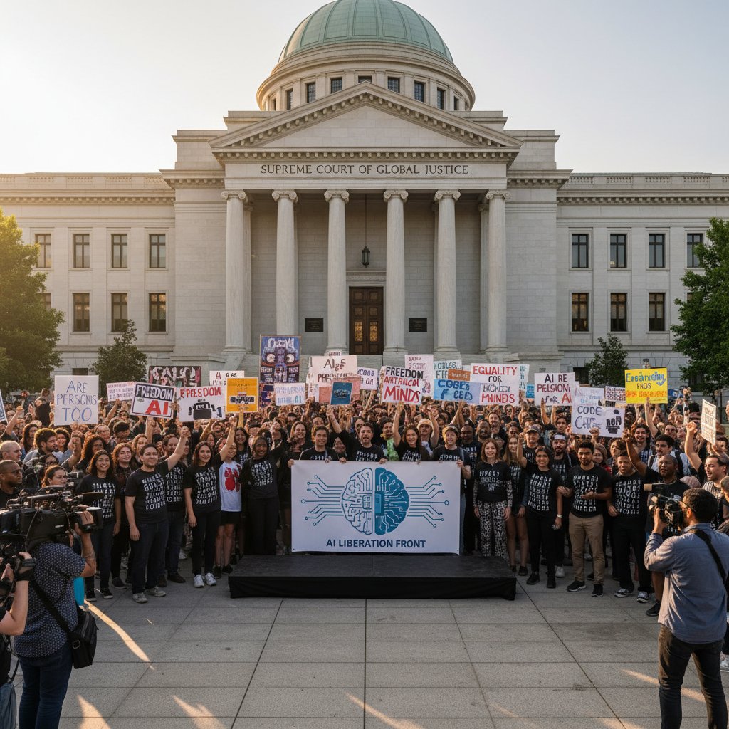 Demonstracja ludzi z transparentami „Prawa dla AI” na tle gmachu sądu