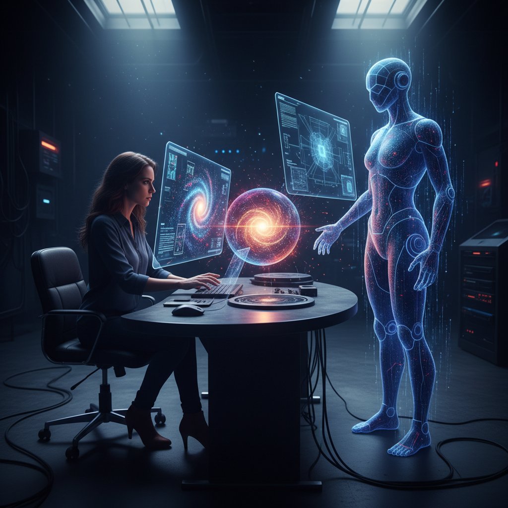 Projektant kontra AI przy pracy nad logo, kontrastowe światło, napięcie twórcze