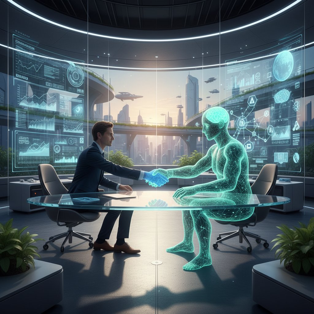 Symbolic handshake between human and digital teammate, expressing trust, collaboration, and AI coworker innovation