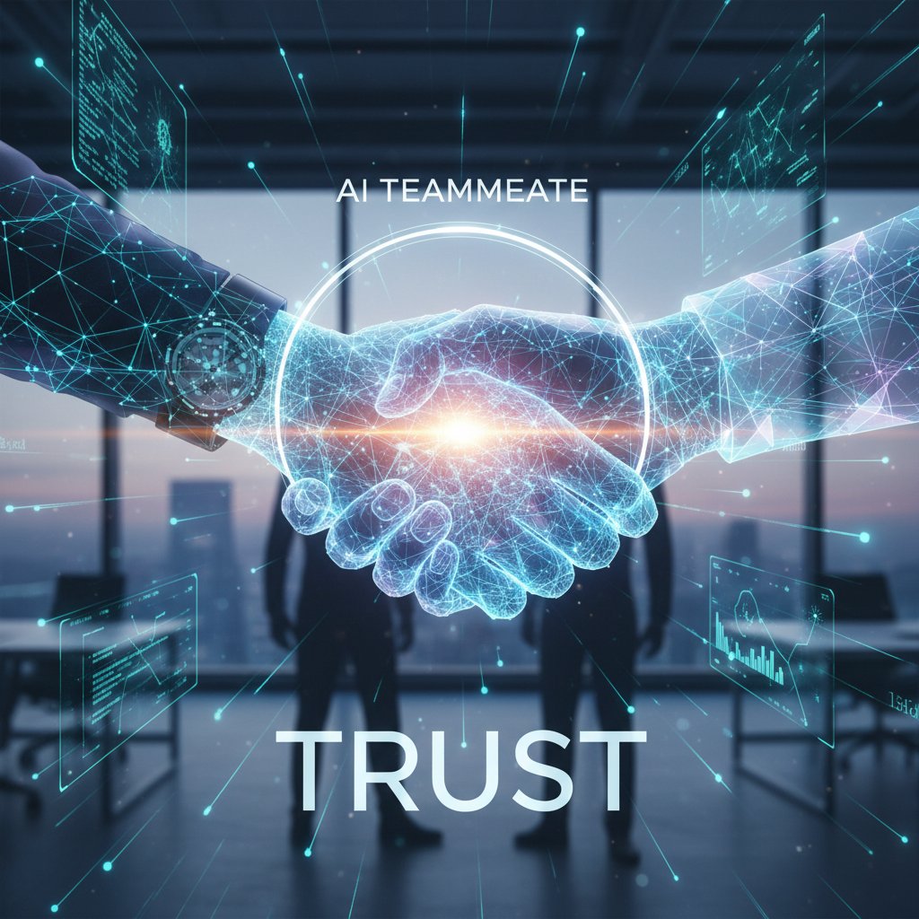 Symbolic handshake between person and AI avatar, highlighting trust in tech helpers