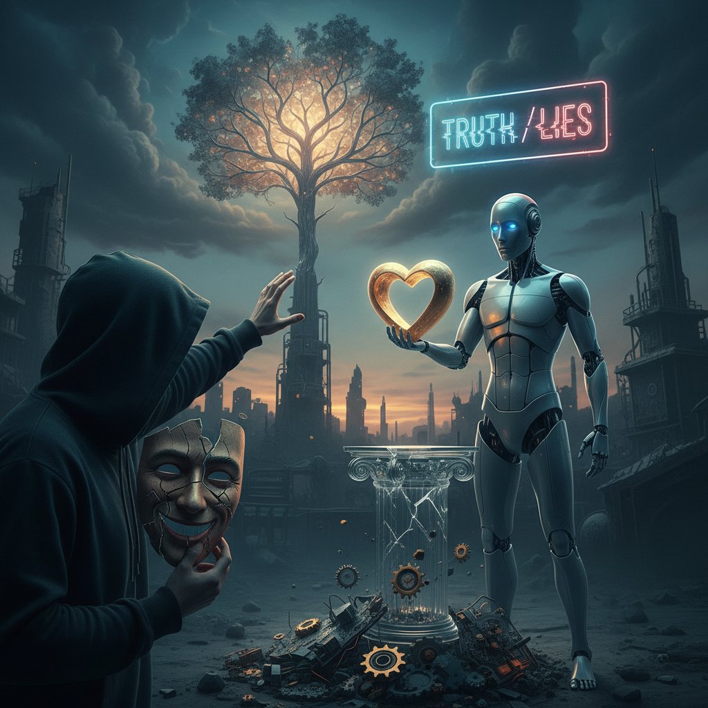 Zdjęcie człowieka, który z nieufnością patrzy na humanoidalnego robota, symboliczna scena fałszywej moralności