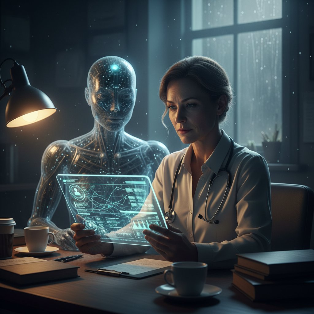 Symboliczne starcie lekarza i sztucznej inteligencji podczas badania podmiotowego.