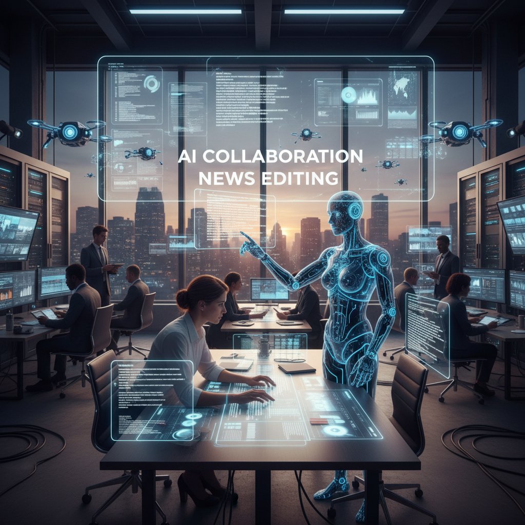 Photo of a human editor collaborating with an AI assistant at a glowing workstation, symbolizing human-AI collaboration in news editing