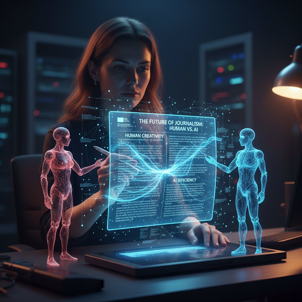 Redaktor dyskutujący z hologramem AI nad artykułem