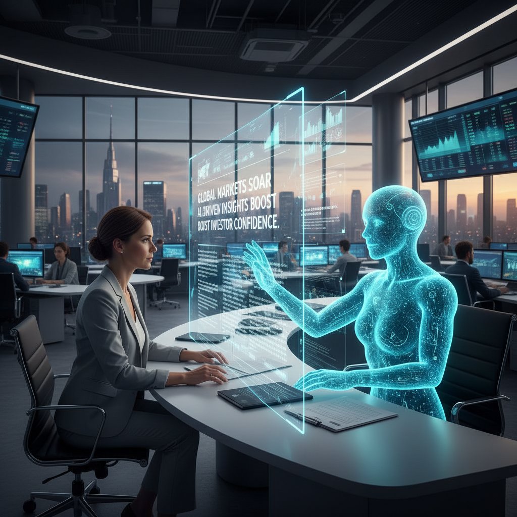 Human editor and AI interface side by side, collaborating on a financial news article in a modern newsroom setting, illustrating symbiotic man-machine journalism