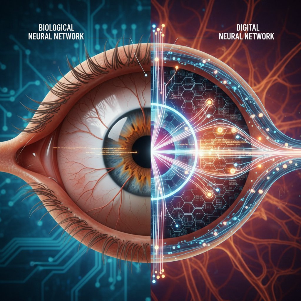 Zbliżenie na ludzkie oko i ekran z cyfrową siatką neuronową, ukazujące różnice między człowiekiem a AI