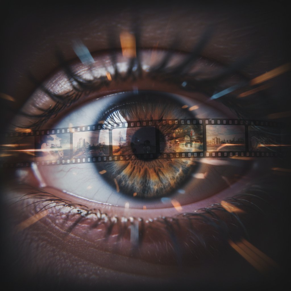 A photo showing a person’s eye and a film strip, with sharp and blurred motion visualized, representing high frame rate vs cinematic blur
