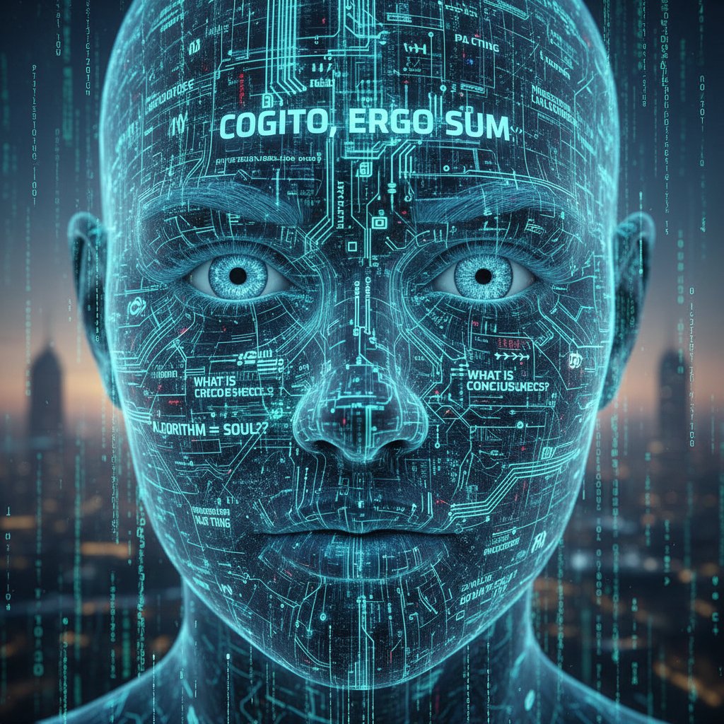 Twarz człowieka i AI na tle kodu komputerowego, symbolizująca dialog filozoficzny o przyszłości