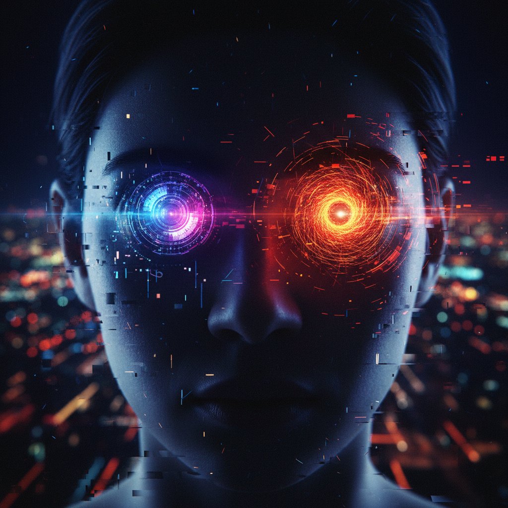 Osoba patrząca w szkliste oko humanoidalnego robota w nocnym mieście, symbolizująca symulację uczuć przez AI