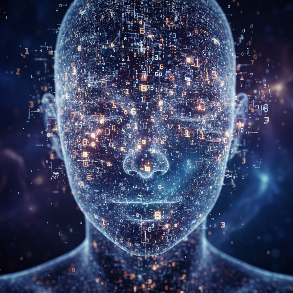Ludzka twarz przechodząca w kod cyfrowy, AI kontra empatia