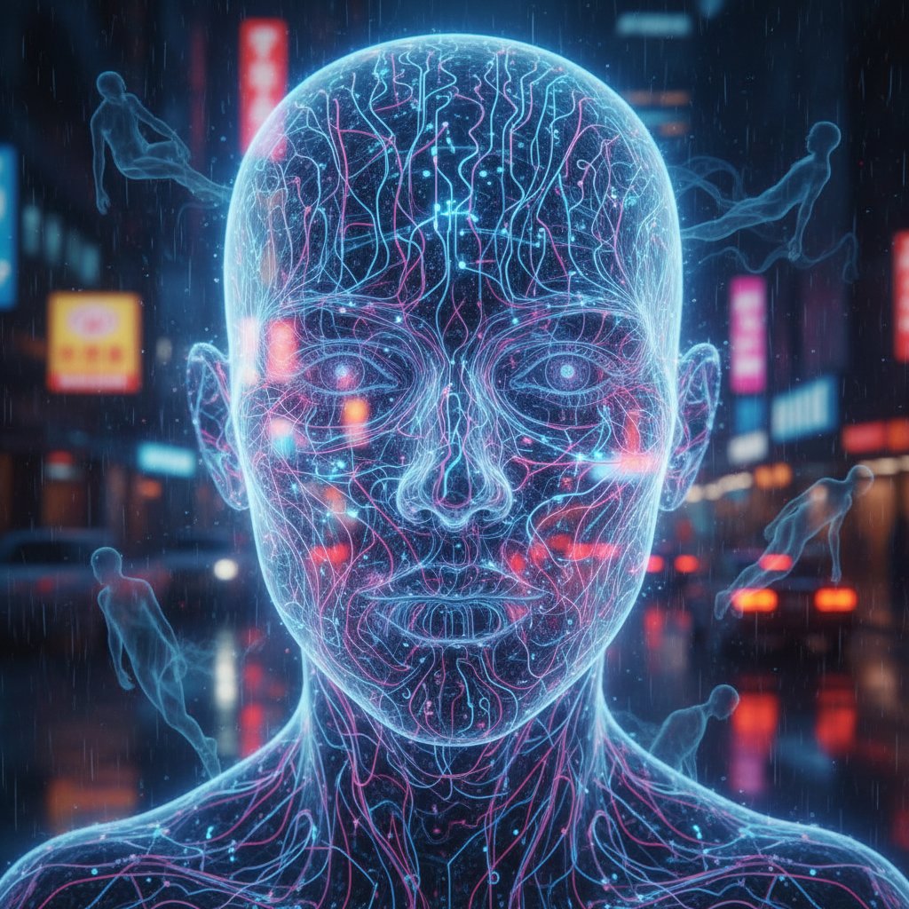 Zbliżenie na ludzką twarz z połową realistyczną, połową stylizowaną układem nerwowym, wokół cienie naśladujące wyraz twarzy – neurony lustrzane, empatia