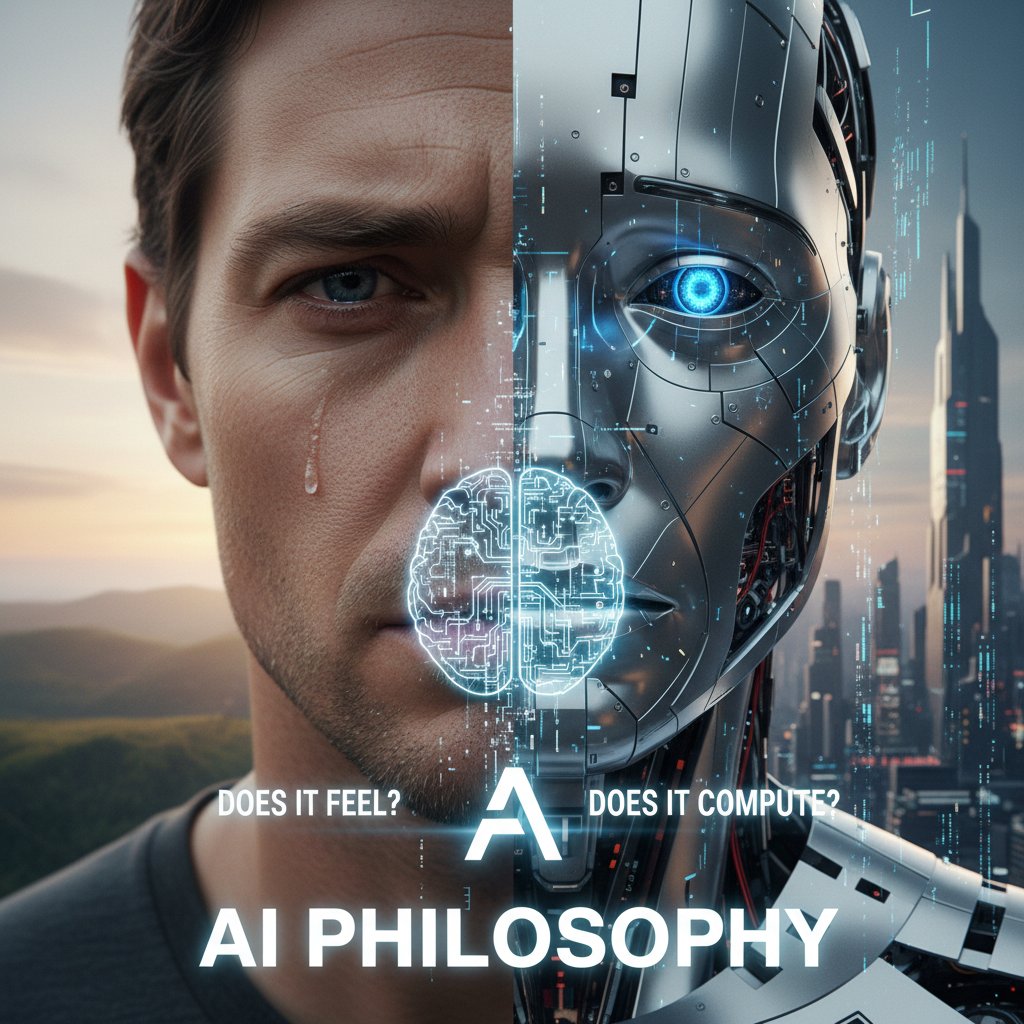 Zbliżenie na ludzką twarz obok robota, kontrast emocji i mechaniki, motyw przewodni AI filozofia