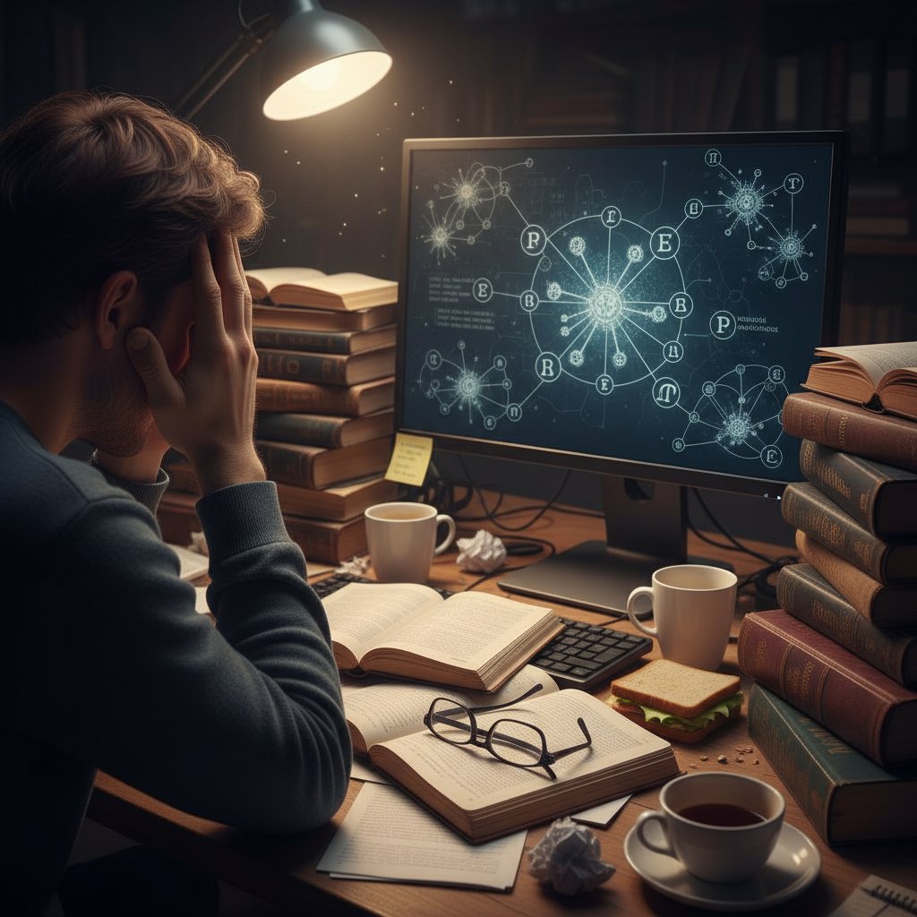 Człowiek sfrustrowany przed monitorem, otwarte książki filozoficzne i bałagan na biurku - rozmowa z AI, filozoficzne błędy