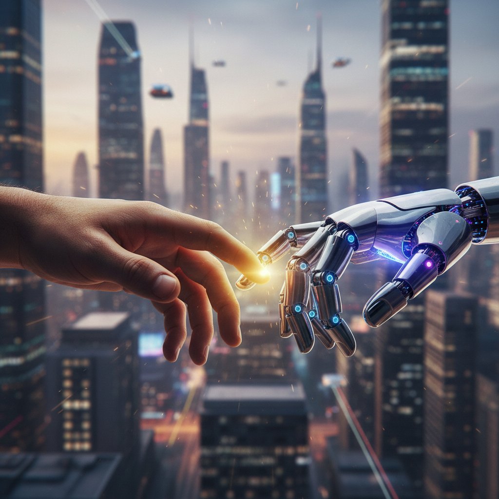 Ludzka dłoń i dłoń robota prawie się dotykają – symbol nowoczesnego wsparcia emocjonalnego