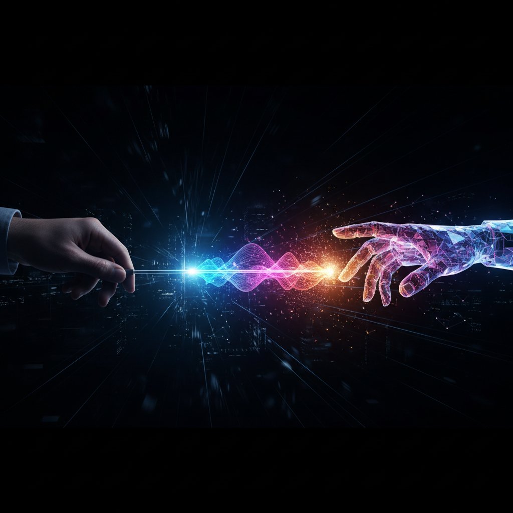 Symbolic photo of a human hand passing a digital baton to an AI hand, against an abstract gradient background, representing collaboration