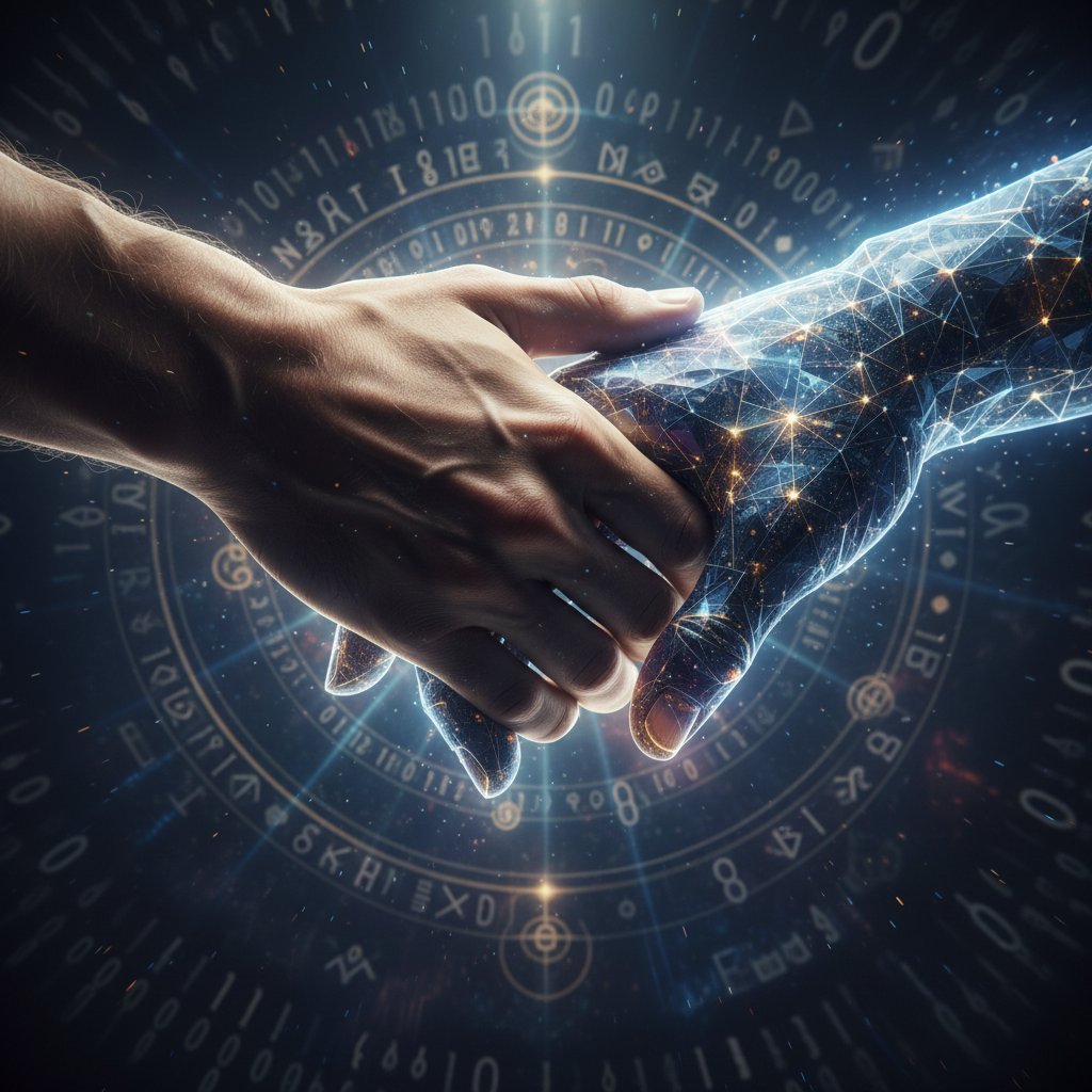 Symboliczne spotkanie dłoni człowieka i AI