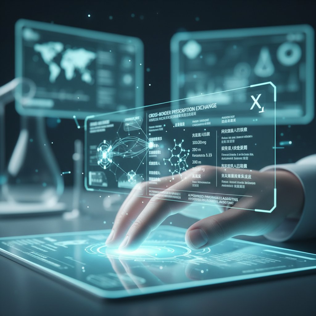 Ręka człowieka i cyfrowy interfejs wymieniają dane o recepcie transgranicznej, symbol AI