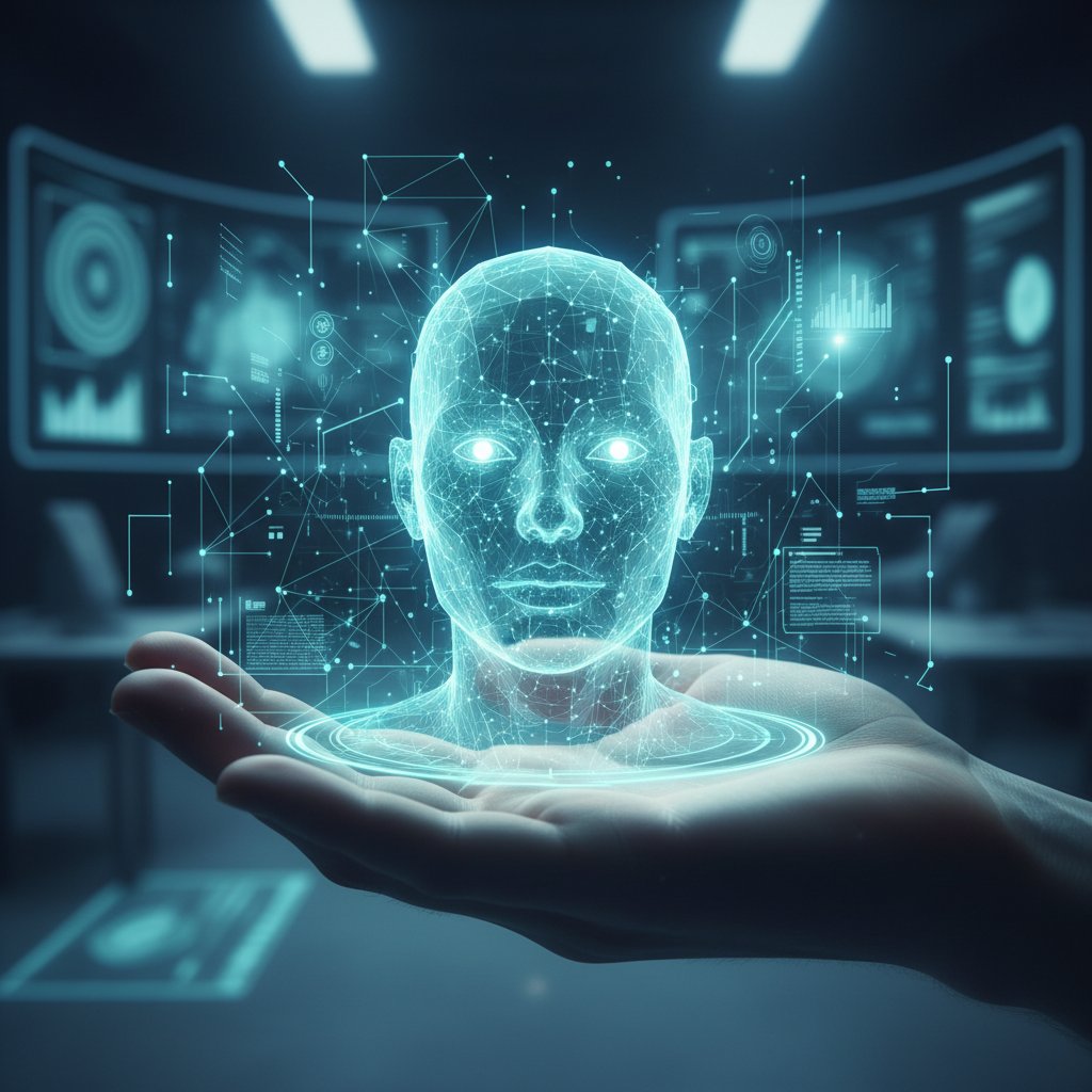 Ręka człowieka sięgająca do cyfrowego awatara na ekranie – symbol relacji człowiek-AI