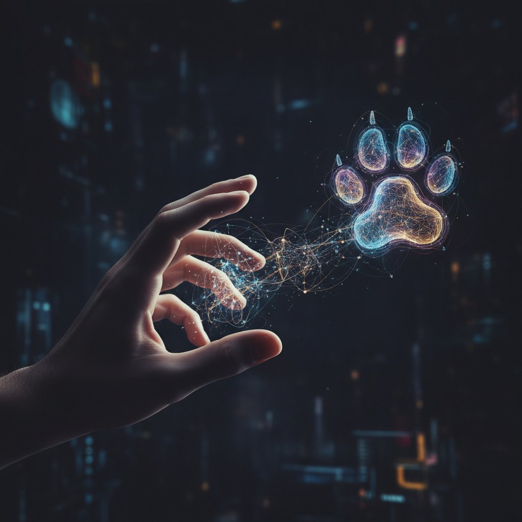 Człowiek sięgający do cyfrowej łapy psa – symbol iluzorycznej więzi online