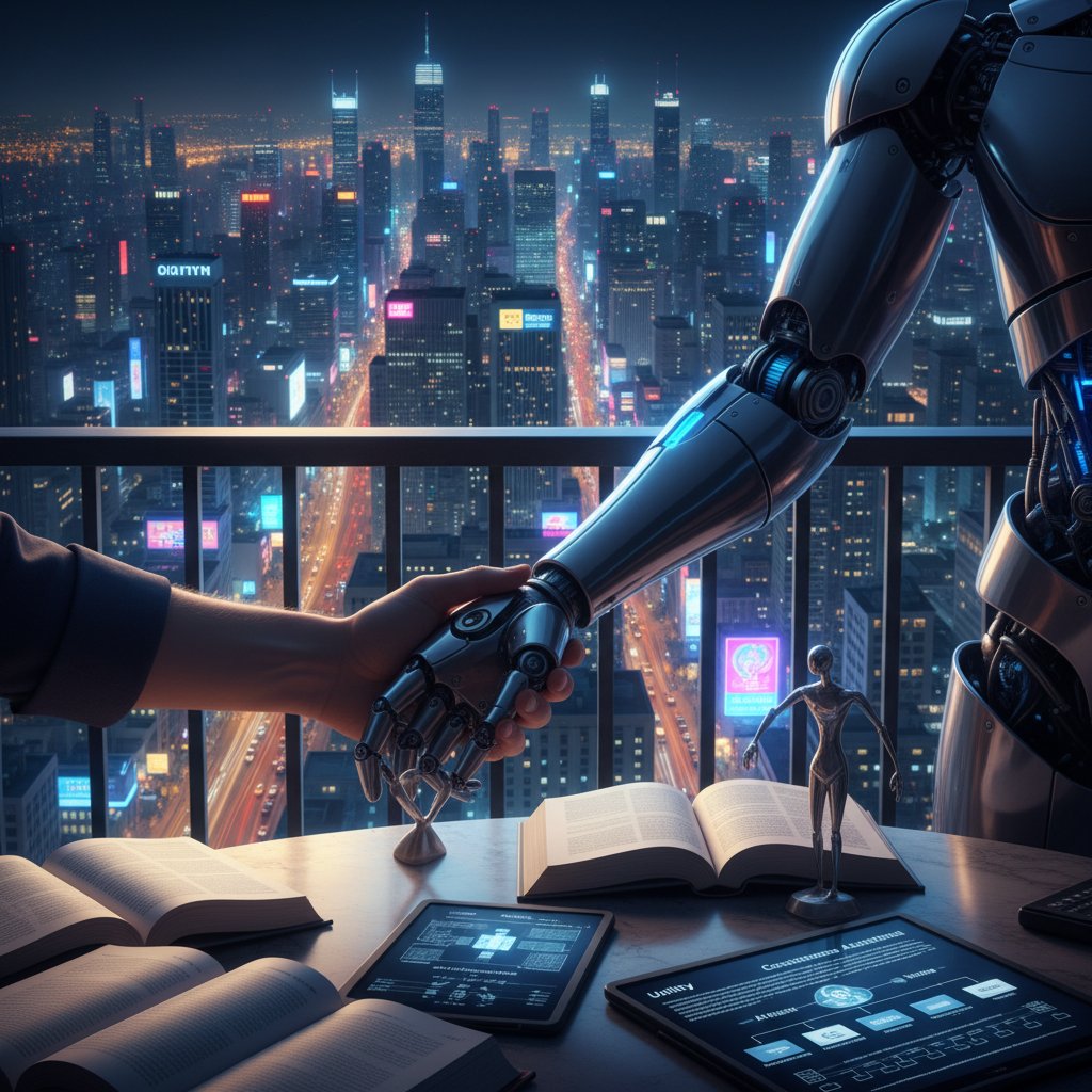 Zdjęcie: ludzka dłoń dotykająca robota na tle miasta nocą, filozofia a etyka technologii