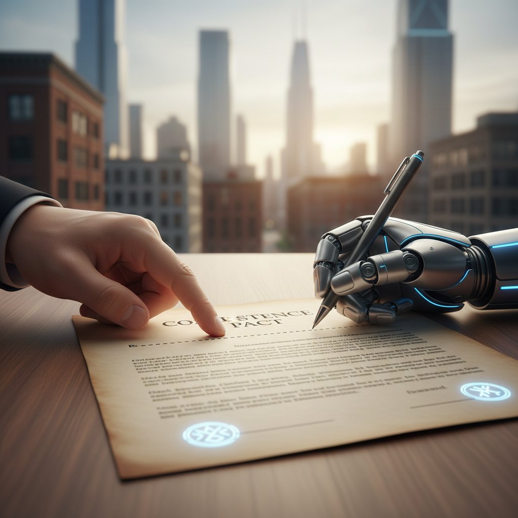 Uścisk dłoni człowieka z robotem nad umową o pracę, symbol współpracy ludzi i AI w rekrutacji