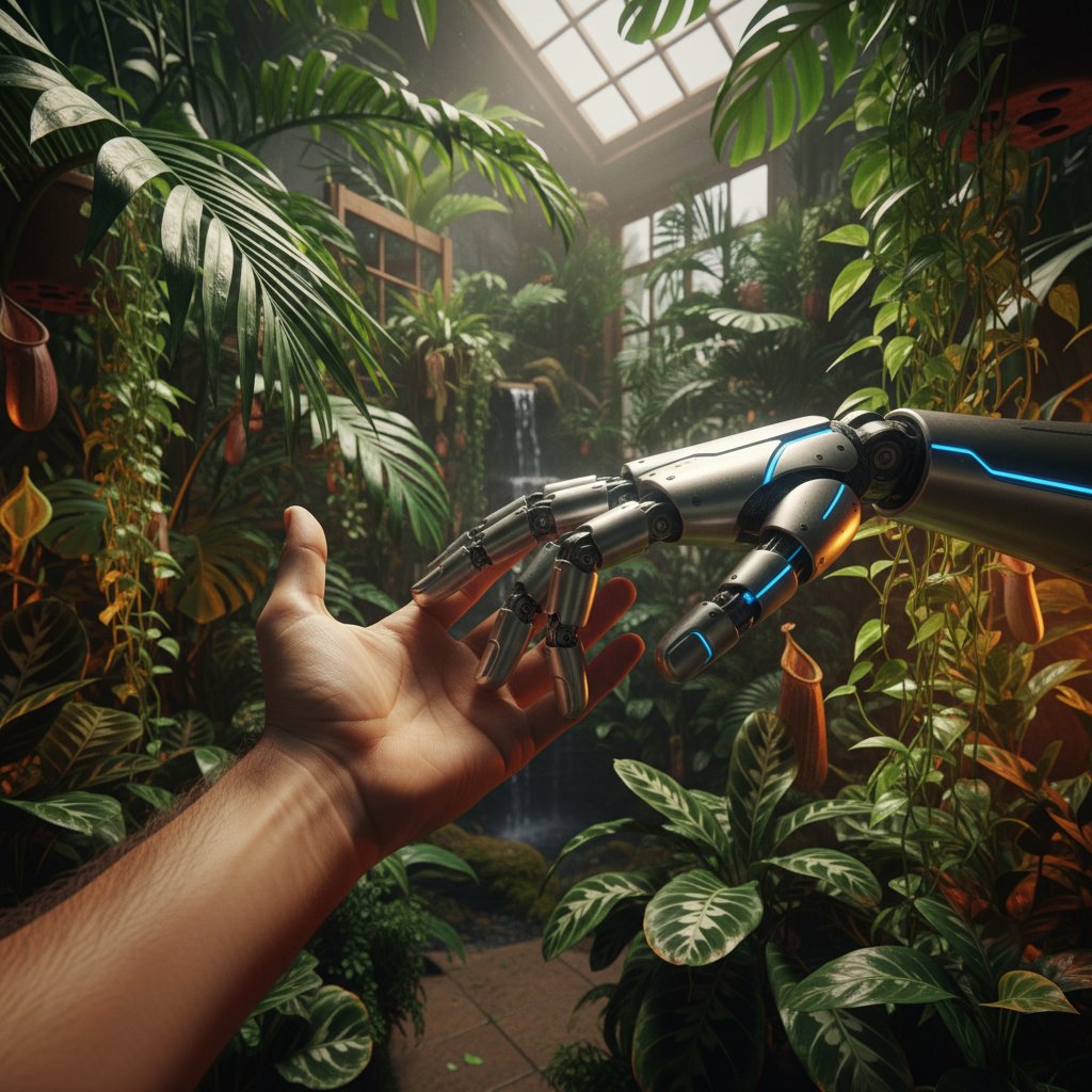 Ręka człowieka ściska dłoń robota na tle bujnej zieleni domowej dżungli. Nowoczesność spotyka naturę – dobór roślin przez AI.