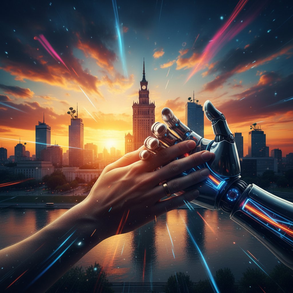 Ludzka i robotyczna dłoń niemal się dotykają na tle Warszawy o zachodzie słońca, filozoficzne aspekty robotyki, AI