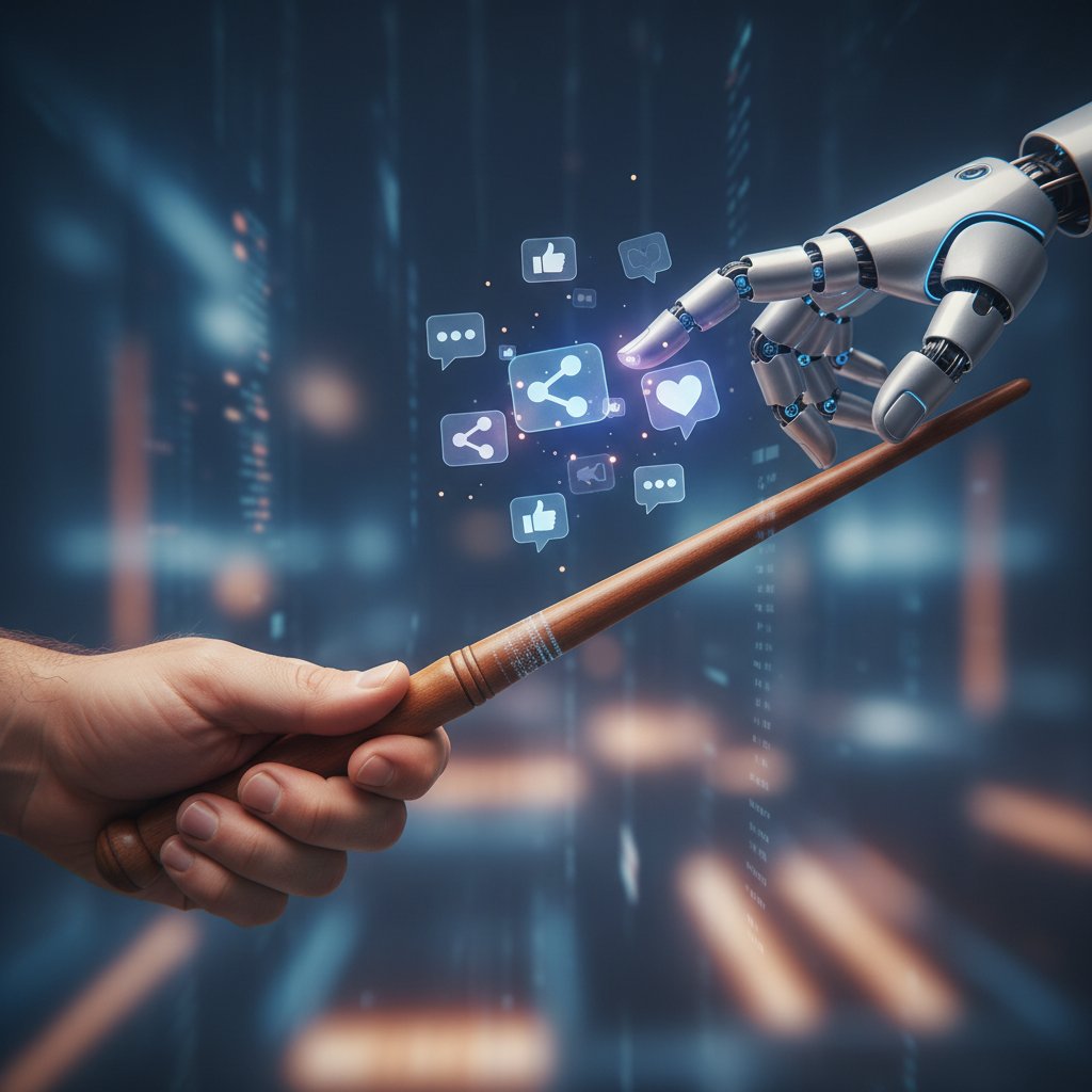 Przyszłość pracy w branży social media, przekazanie pałeczki pomiędzy człowiekiem a robotem na tle ikon social media