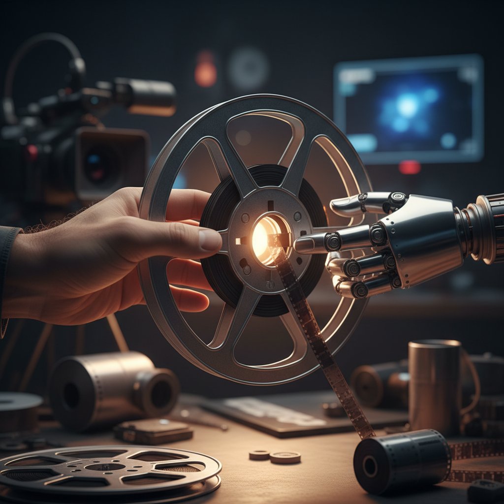 Human and AI collaboration in film discovery—a human hand and a robotic hand holding a film reel together