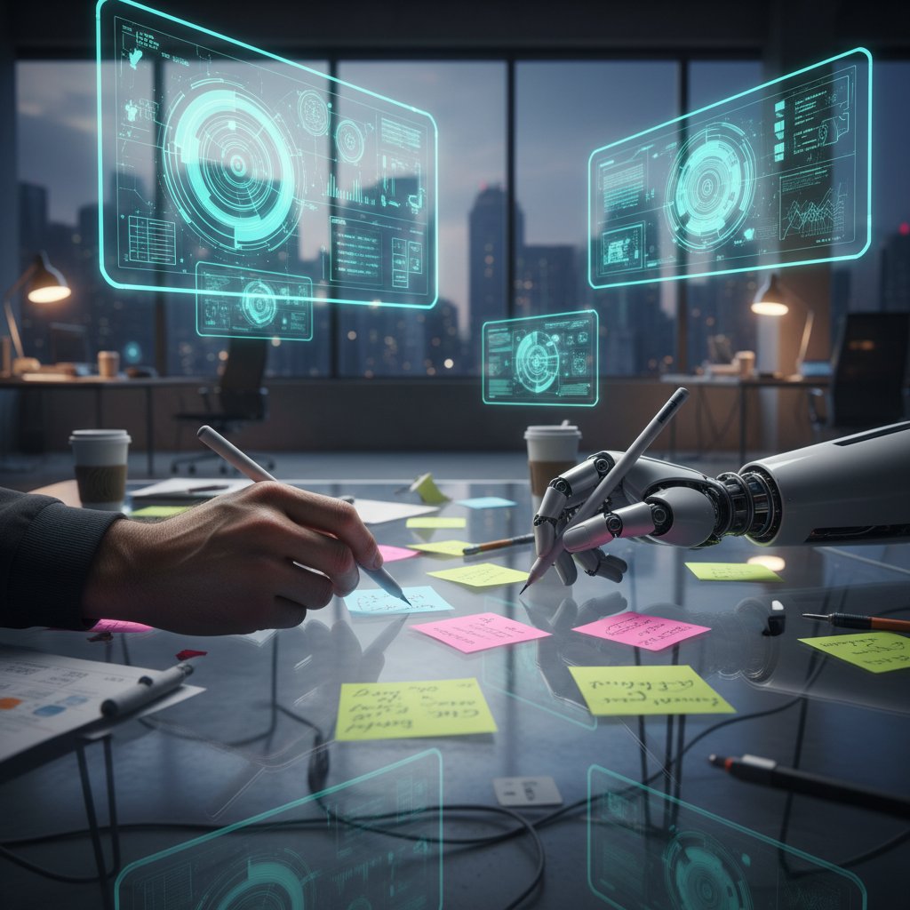 Ręka człowieka i robota szkicujące wspólnie pomysły na szklanym stole, chaos karteczek i ekrany z koncepcjami kreatywnymi