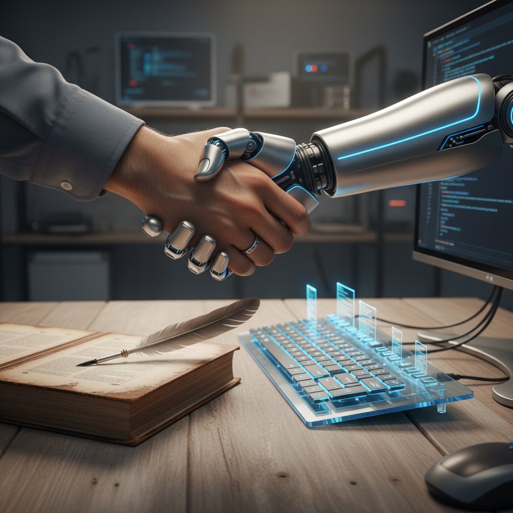 Symboliczne spotkanie człowieka i AI w edukacji – uścisk dłoni nad klawiaturą, książka