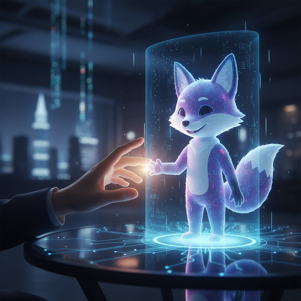 Menschliche Hand berührt virtuelles Hologramm einer KI-Freundin, im Hintergrund technologische Symbole