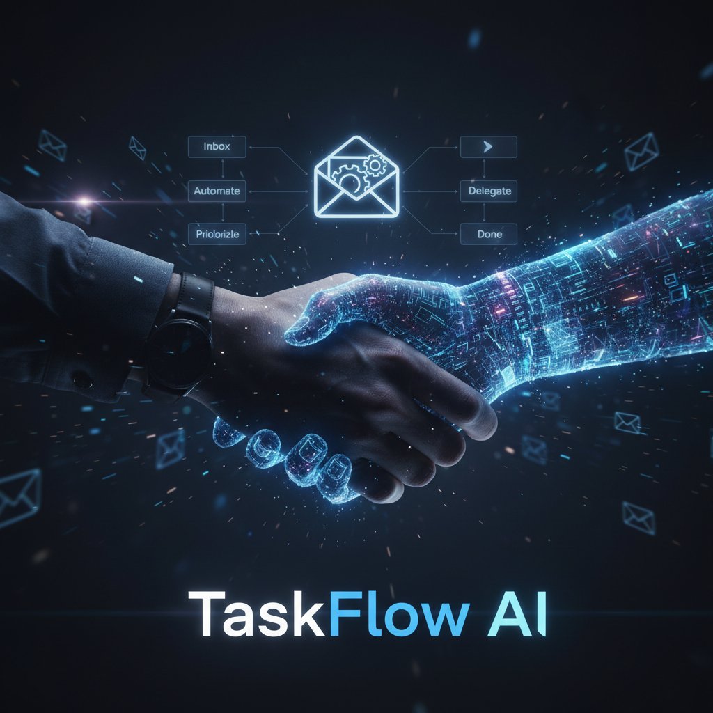 Human and AI collaboration in email management, human hand shaking digital hand, ambiguous expressions, dramatic lighting, email task management automation software