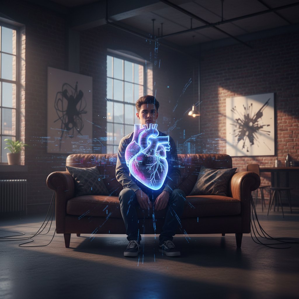 Zdjęcie młodego człowieka w mrocznym mieszkaniu trzymającego się za klatkę piersiową, odzwierciedlające niepokój związany z arytmią serca