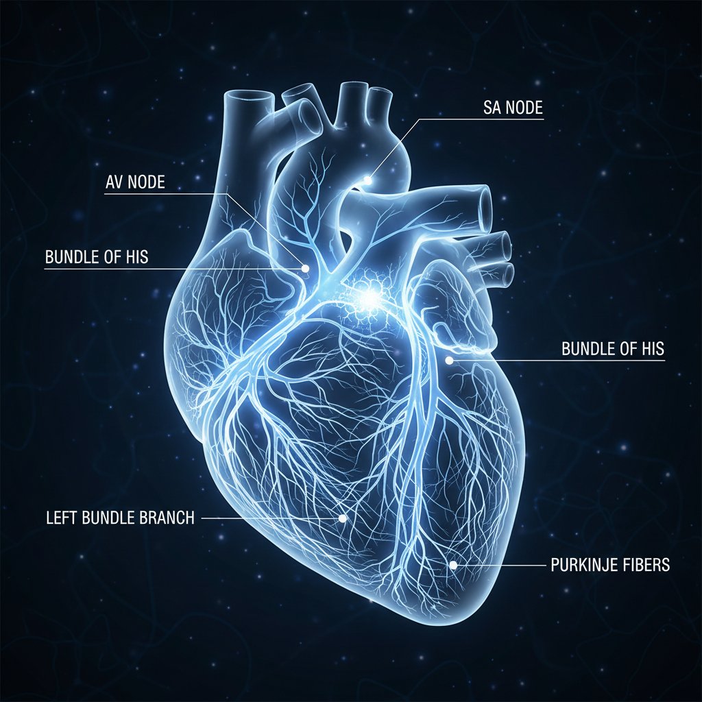 Schemat serca z podkreślonymi drogami przewodzenia impulsów u osób z częstoskurczem